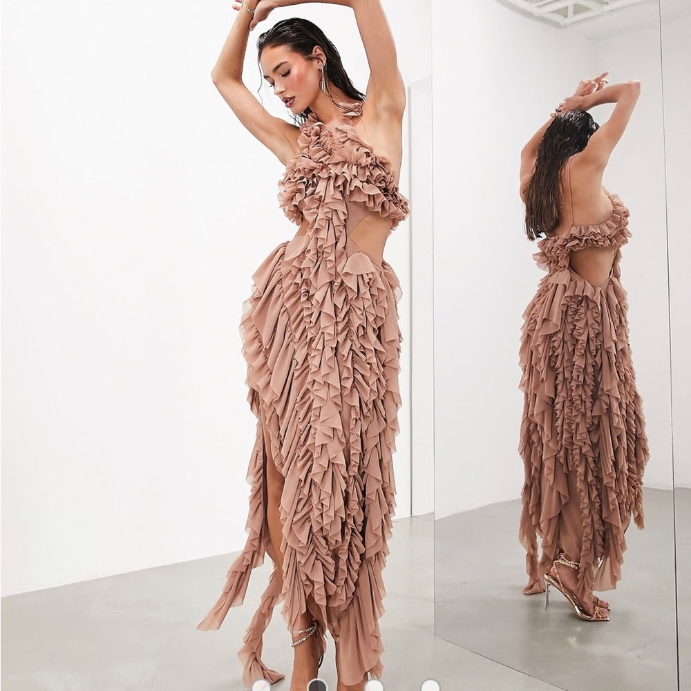ASOS EDITION sleeveless cut out ruffle maxi dress in taupe - Size 4